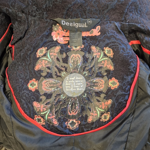 Desigual Navy Trench Coat with Pink Floral Design - Picture 8 of 9